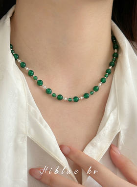 海蓝蓝绿色玛瑙元宝扣项链