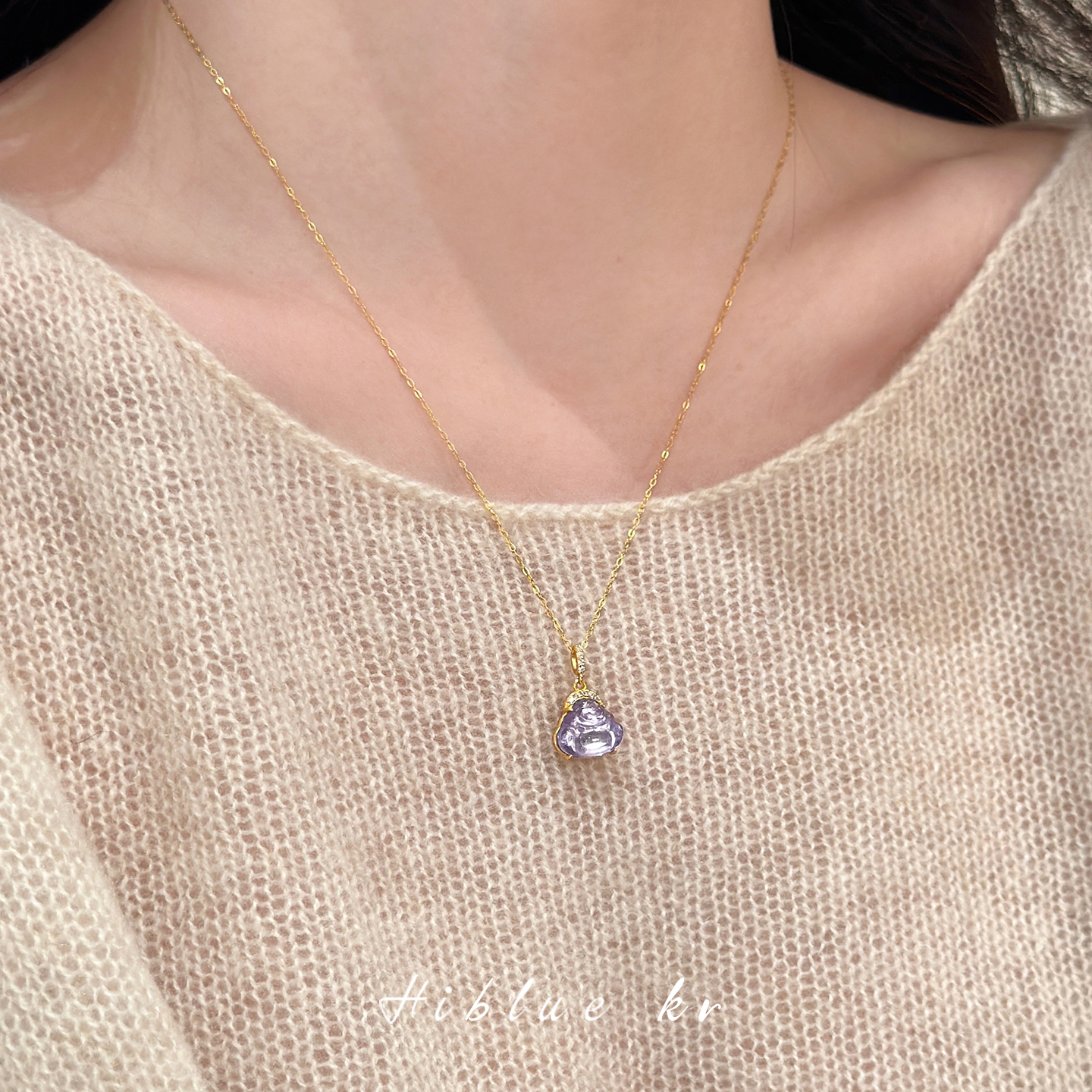 天然紫水晶佛公吊坠纯银项链女秋冬轻奢小众高级感招财毛衣链长款