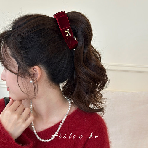 海蓝蓝丝绒红色蝴蝶结香蕉夹