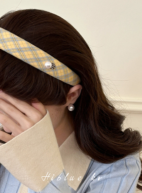 韩系黄色格纹ins珍珠高颅顶宽边发箍女春夏2026新款压发头饰头箍