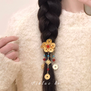 新中式古风铜钱花朵流苏发夹女侧边刘海夹前额儿童头饰新年发饰
