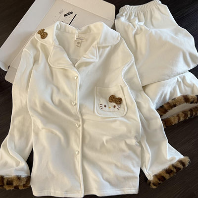 豹纹毛绒边KT猫秋冬季女款保暖睡衣2025新款洋气气质可外穿的套装