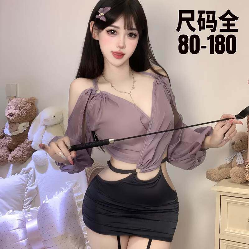 大码qqny性感风紫色肚兜女深V透视露腰夜店制服套装秘书情调睡衣