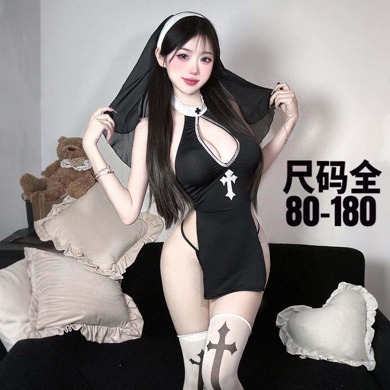 大码qqny性感修女cos制服女黑色高开叉角色扮演套装趣味内衣刺激