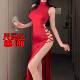 大码 qqny性感风红色挂脖高领绑带开叉包臀裙女显身材辣妹内衣纯欲