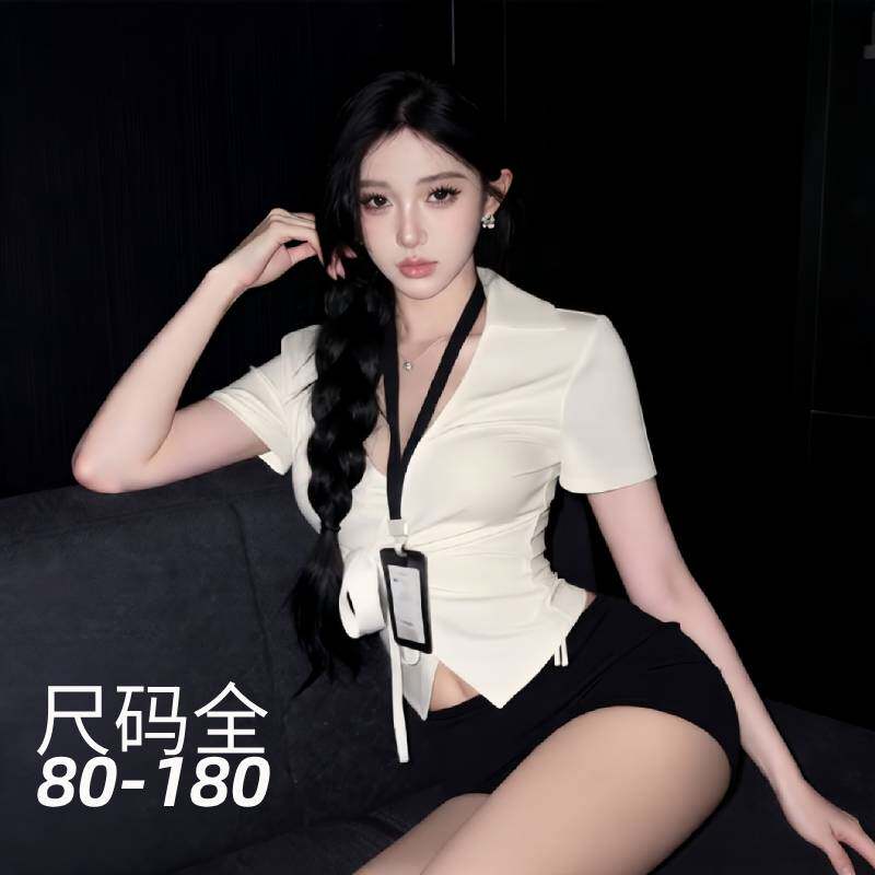 大码性感秘书制服套装女OL风V领收腰绑带包臀裙白色纯欲辣妹紧身