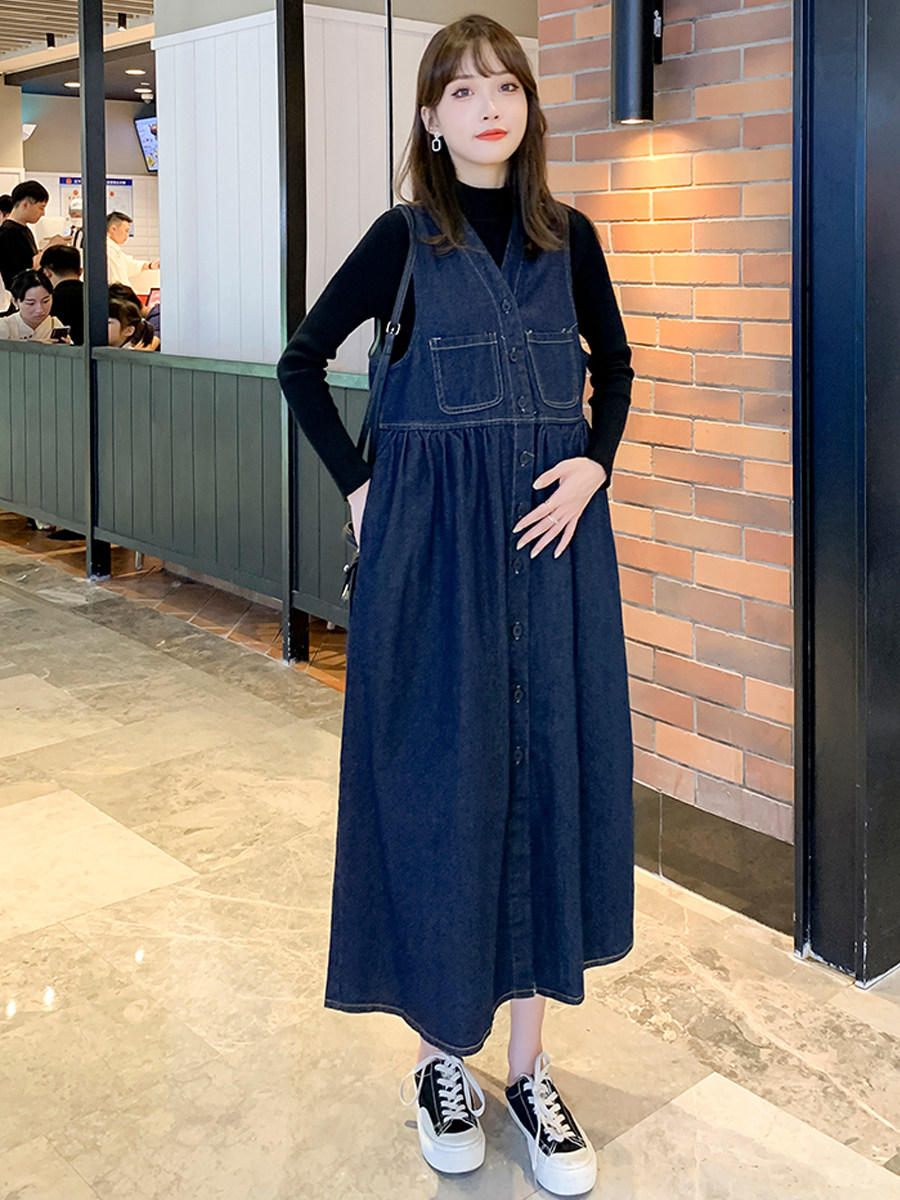 NEW FASHION 2024 SLIM MATERNITY DRESS SPRING AUTUMN DENIM STRAP SKIRT BASE LAYER TOP DRESS TWO PIECE SET