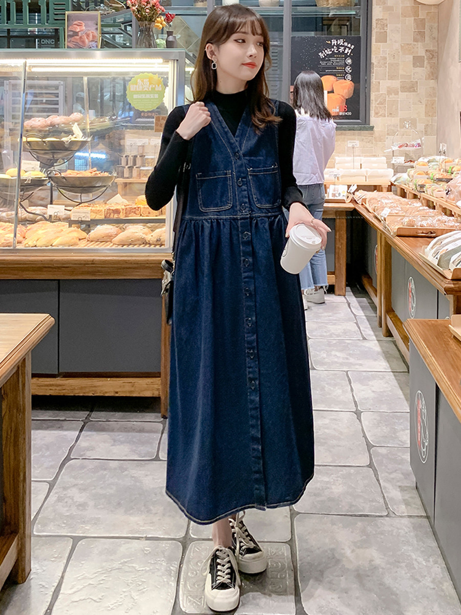 NEW FASHION 2024 SLIM MATERNITY DRESS SPRING AUTUMN DENIM STRAP SKIRT BASE LAYER TOP DRESS TWO PIECE SET