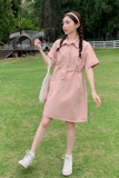 法式粉色收腰工装裙连衣裙女夏2024新款小个子森系学院风高级感，女装连衣裙，浙宝113