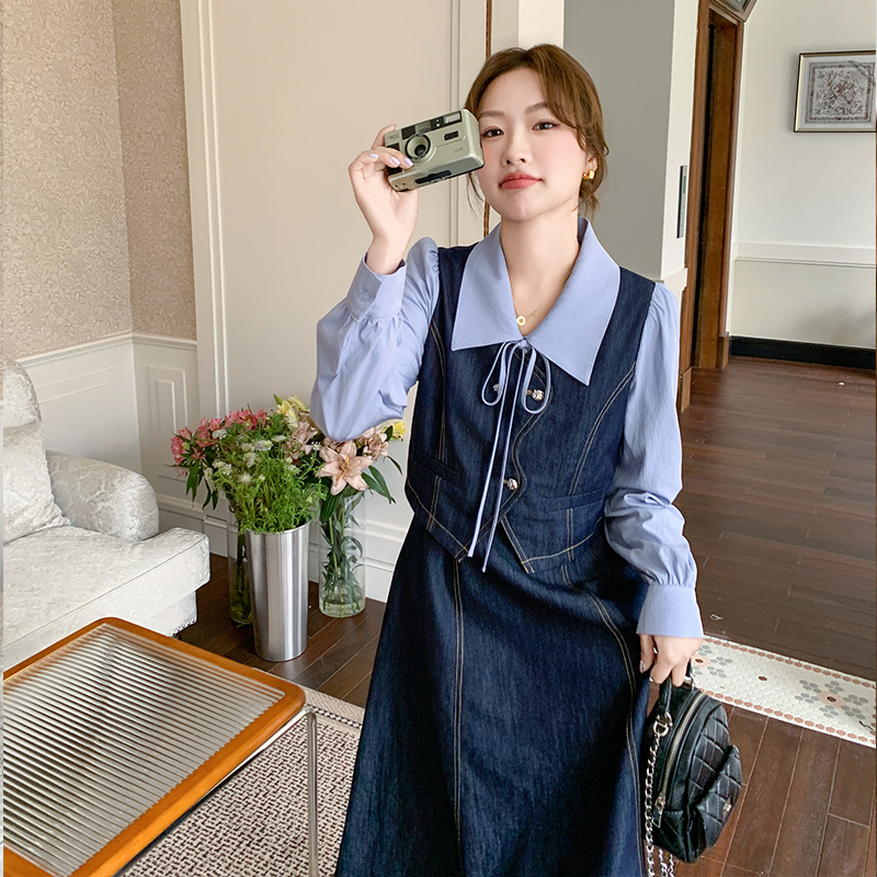 衬衫拼接假两件牛仔连衣裙女2025春季新款韩系气质收腰显瘦A字裙，女装连衣裙，浙宝113