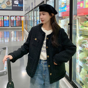 黑色小香风外套女春秋2025新款超好看高级感精致短款v领亮丝上衣图片