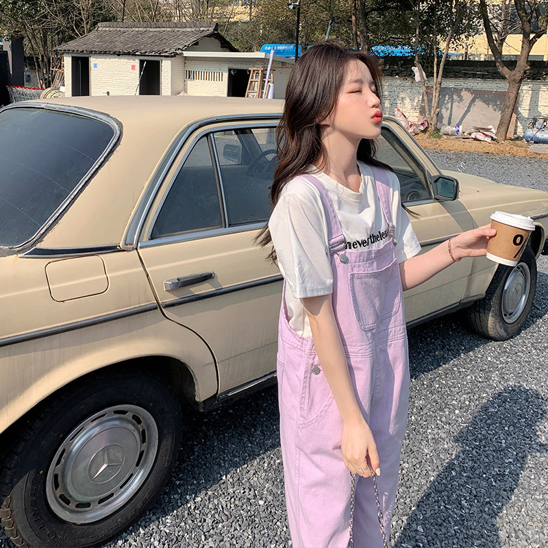 紫色工装盐系减龄牛仔背带裤女2024夏季新款小个子宽松休闲阔腿裤图片