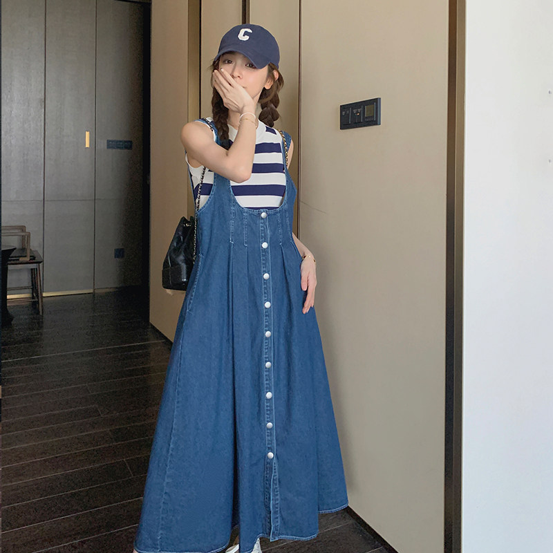 蓝色复古牛仔连衣裙套装女2025年秋季新款慵懒风衬衫背心裙两件套,女装连衣裙,浙宝113