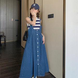 蓝色复古牛仔连衣裙套装女2025年秋季新款慵懒风衬衫背心裙两件套,长款毛线背心搭配图片图片
