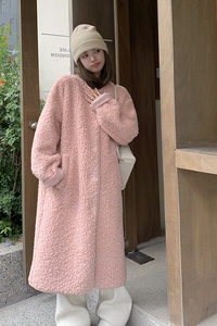 粉色羊羔毛外套女2025冬季新款韩系宽松加绒加厚长款皮毛一体大衣图片