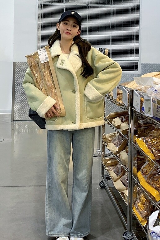 超好看绿色短款立领羊羔毛外套女秋冬2025新款麂皮绒皮毛一体夹克,女装皮草,浙宝113