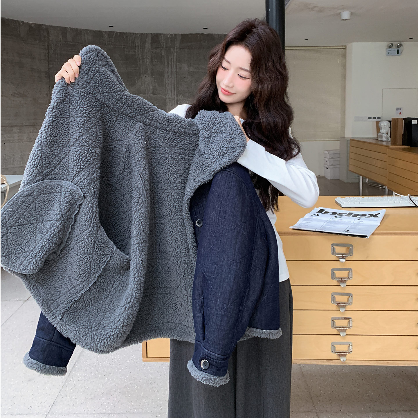 【大货已出】牛仔羊羔毛横线皮毛一体 C82-P215-K308