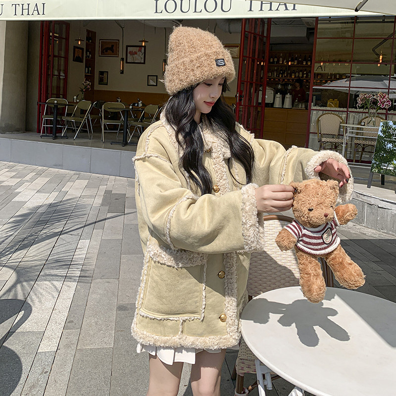 韩版小香风羊羔毛麂皮毛一体外套女2025冬季新款加厚显瘦棉衣棉服，女装皮草，浙宝113