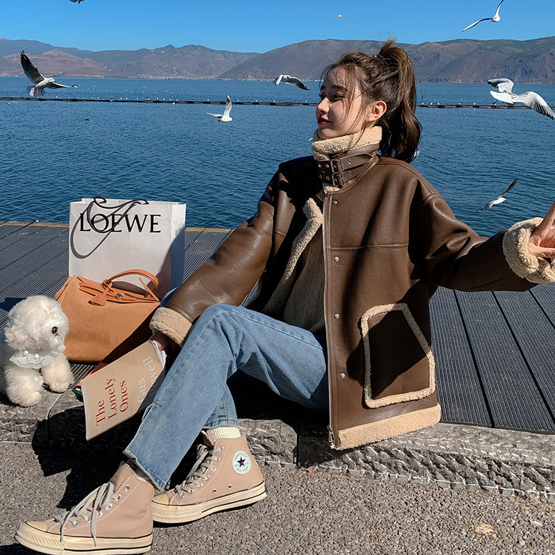 【现货】PU皮拼羊羔毛皮毛一体684-P185-K278，女装派克服，浙宝113