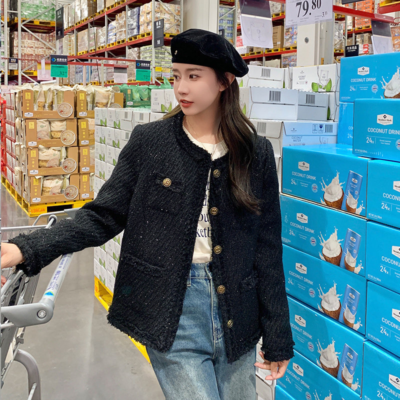 黑色小香风外套女春秋2025新款超好看高级感精致短款v领亮丝上衣,女装羽绒服,浙宝113