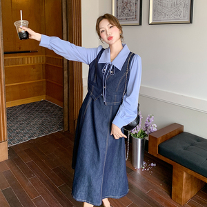 衬衫拼接假两件牛仔连衣裙女2025春季新款韩系气质收腰显瘦A字裙图片