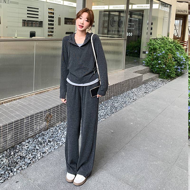 深灰色休闲运动女春秋2025新款连帽长袖卫衣阔腿裤长裤,女装运动套装,浙宝113