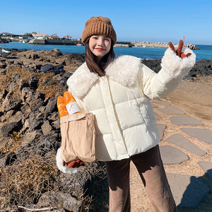 韩版学院风毛绒拼接羽绒服女2025冬季新款加厚显瘦保暖白鸭绒外套图片