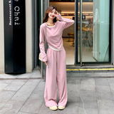 粉色温柔风运动休闲套装春秋女2025新款韩系甜美减龄阔腿裤两件套，女装套装/套裙，浙宝113