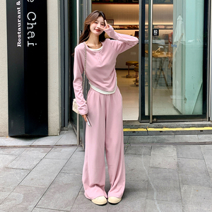 粉色温柔风运动休闲套装春秋女2025新款韩系甜美减龄阔腿裤两件套图片