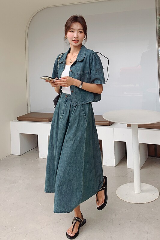 通勤风牛仔半身裙套装女2024夏新款小个子穿搭减龄上衣裙子两件套,女装套装/套裙,浙宝113
