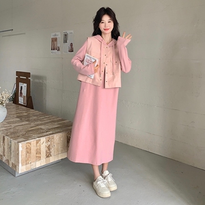 【现货】韩版针织卫衣裙+PU皮马甲两件套套装525-P155-K228