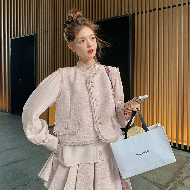 法式气质名媛小香风套装裙女春季新款高级感马甲衬衫百褶裙三件套,女装套装/套裙,浙宝113