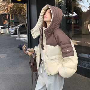 韩版短款拼接撞色工装90羽绒服女2025冬季新款加厚显瘦白鸭绒外套图片