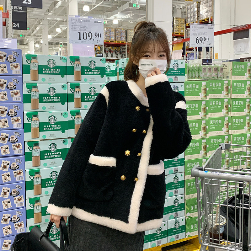 黑色小香风羊羔毛外套女2023冬季新款韩版今年流行小个子加厚大衣，女装派克服，浙宝113