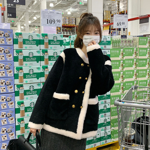 黑色小香风羊羔毛外套女2023冬季新款韩版今年流行小个子加厚大衣,女装派克服,浙宝113
