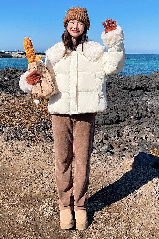 韩版学院风毛绒拼接羽绒服女2025冬季新款加厚显瘦保暖白鸭绒外套,女装羽绒服,浙宝113