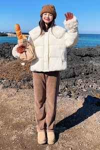 韩版学院风毛绒拼接羽绒服女2025冬季新款加厚显瘦保暖白鸭绒外套图片