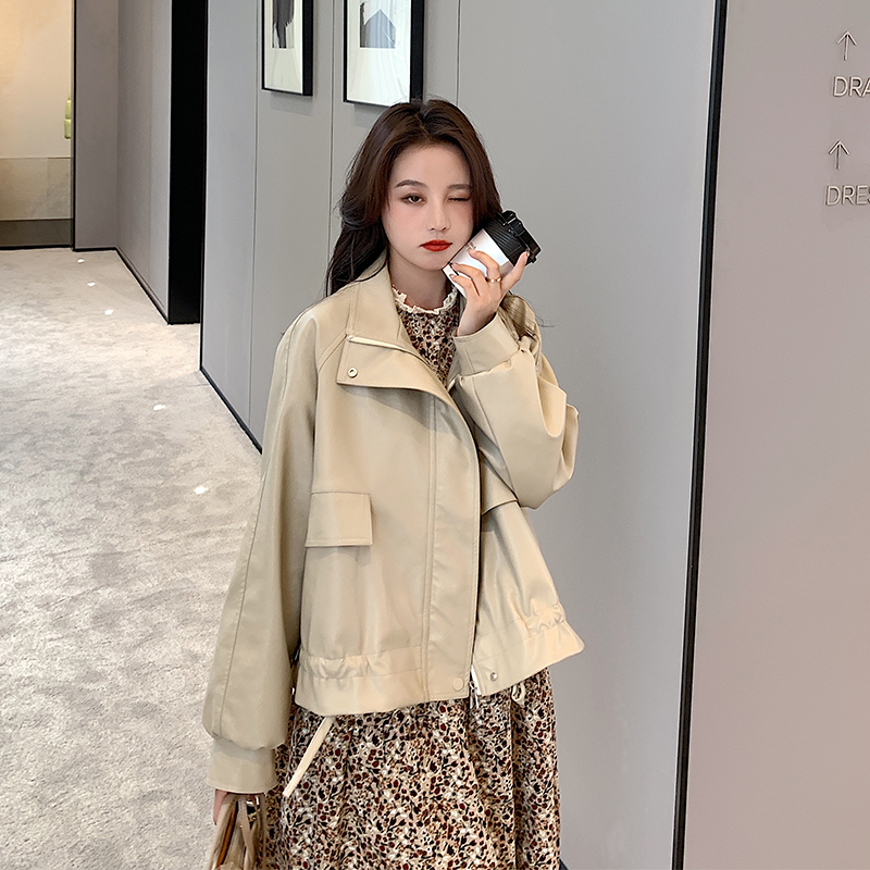 杏色皮衣外套女短款女春秋新款韩版宽松chic小个子港风PU皮夹克，女装皮衣，浙宝113