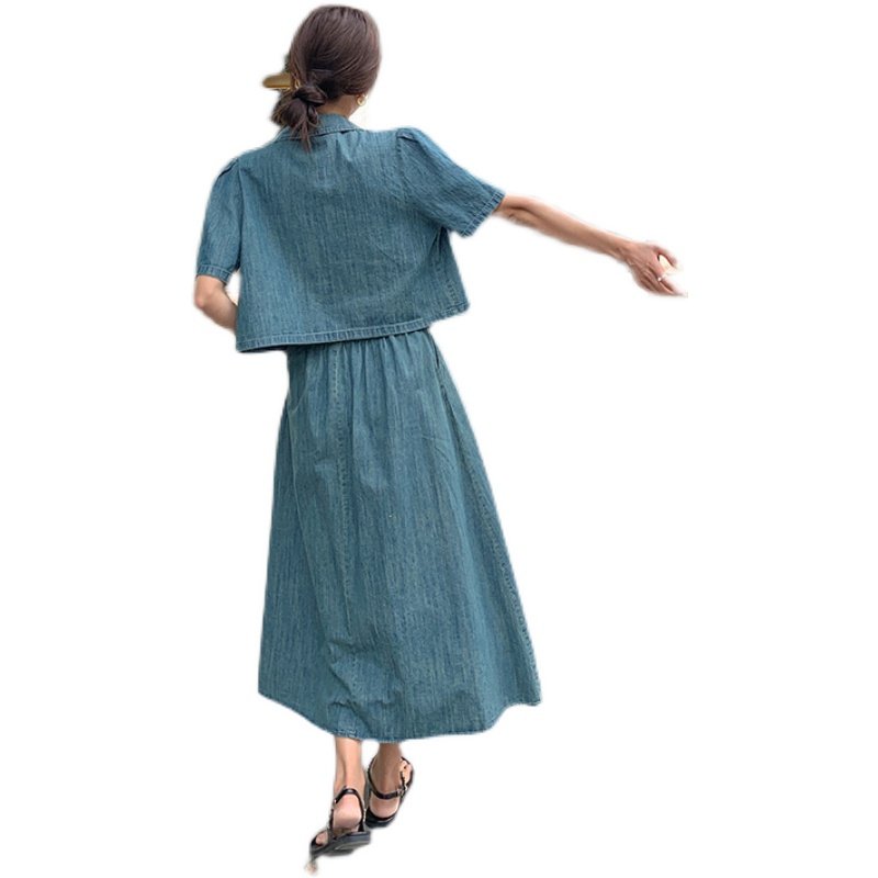 通勤风牛仔半身裙套装女2024夏新款小个子穿搭减龄上衣裙子两件套,女装套装/套裙,浙宝113