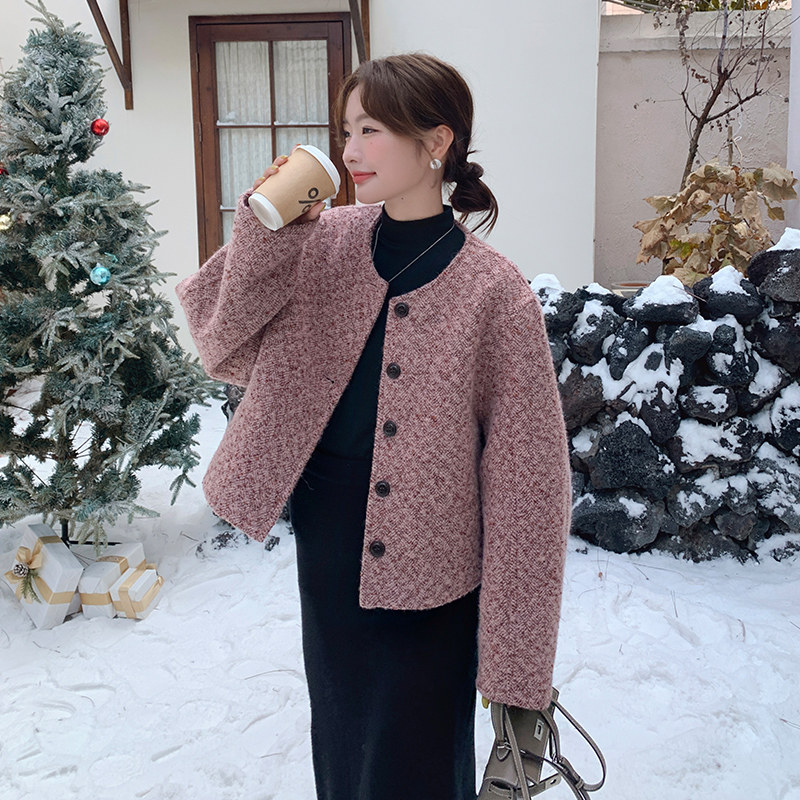 粉色小香风毛呢外套女2024冬新款法式简约宽松小个子加厚呢子上衣,女装毛呢外套,浙宝113
