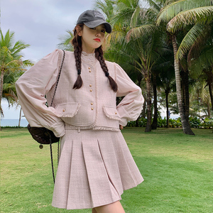 法式气质名媛小香风套装裙女春季新款高级感马甲衬衫百褶裙三件套图片