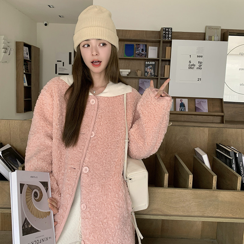 粉色羊羔毛外套女2025冬季新款韩系宽松加绒加厚长款皮毛一体大衣,女装皮草,浙宝113