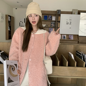 粉色羊羔毛外套女2025冬季新款韩系宽松加绒加厚长款皮毛一体大衣图片