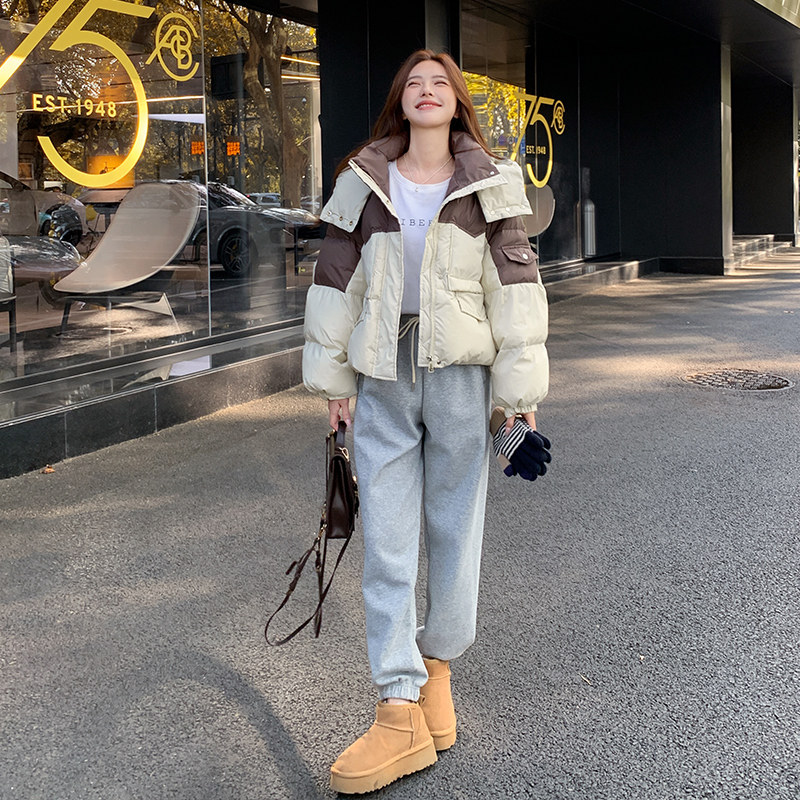 韩版短款拼接撞色工装90羽绒服女2025冬季新款加厚显瘦白鸭绒外套,女装羽绒服,浙宝113