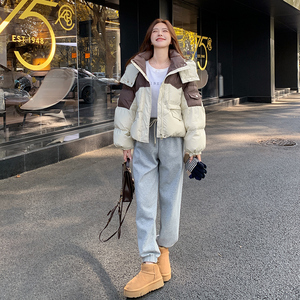 韩版短款拼接撞色工装90羽绒服女2025冬季新款加厚显瘦白鸭绒外套图片