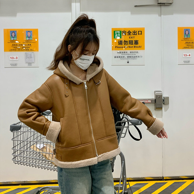 【现货】机车风PU皮羊羔毛皮毛一体皮衣201-P185-K268,女装派克服,浙宝113