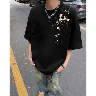 纯棉美式复古梅花中式短袖t恤男女夏季设计感小众潮牌上衣半袖衫