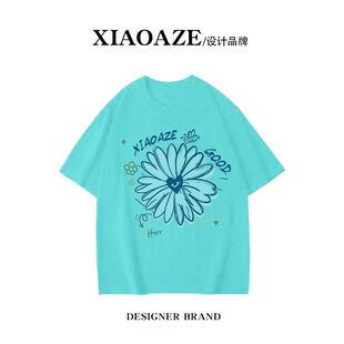 纯棉美式复古印花短袖t恤新款男女湖绿色小众潮牌慵懒网红上衣ins