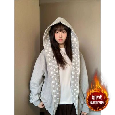加绒秋冬美式复古开衫连帽卫衣女2025新款宽松情侣装拉链上衣外套