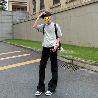 黑色美式微喇牛仔裤男女款秋冬季高街情侣裤子窄版显瘦潮流直筒裤